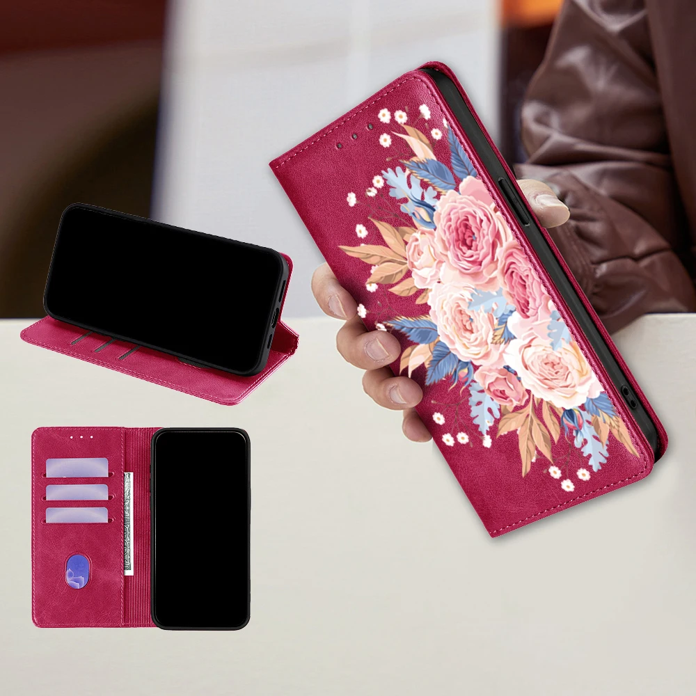 Floral Magnetic Leather Flip Wallet Case with Card Slots and Holster