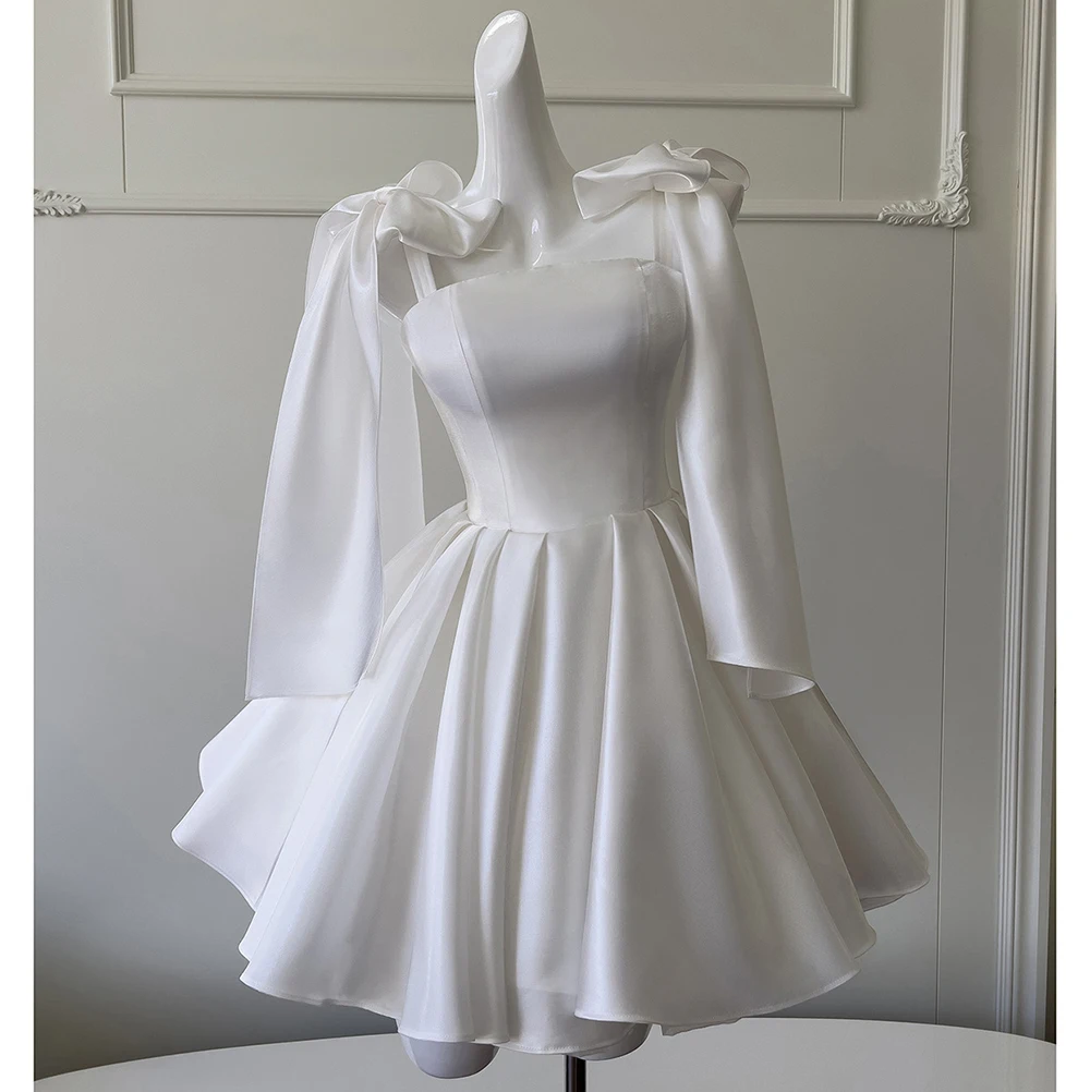 White Satin Bow Spaghetti Straps Cocktail Dress Detail 1