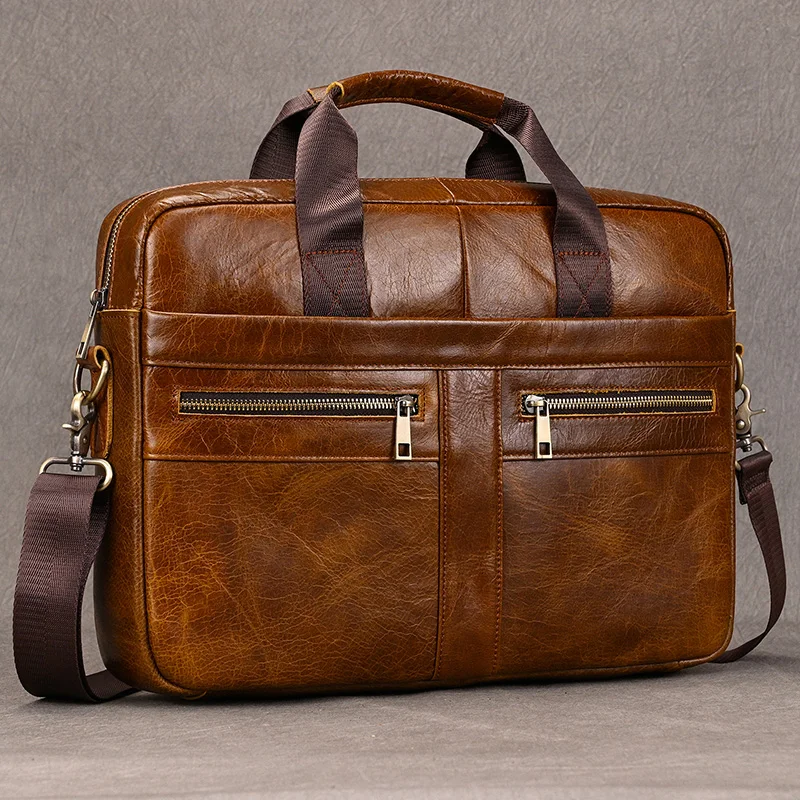 Luufan Genuine Leather Men's Business Handbag 15" Laptop Briefcase Bag Male A4 Document Shoulder Message Computer Bag Work Tote