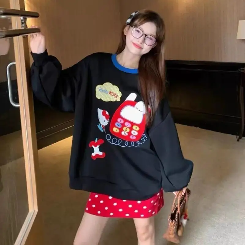 Sanrio Anime 헬로 키티 긴팔 스웨트 셔츠 카와이 가을 프린트 후드 코튼 걸스 탑 루즈 캐주얼 대형 탑