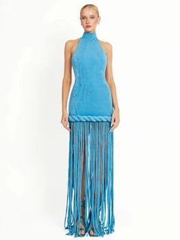 Sexy Halter Neck Patchwork Twist Knot Tassels Long Dress Women Blue Velvet Sleeveless Backless Dresses Evening Party Cocktail 1