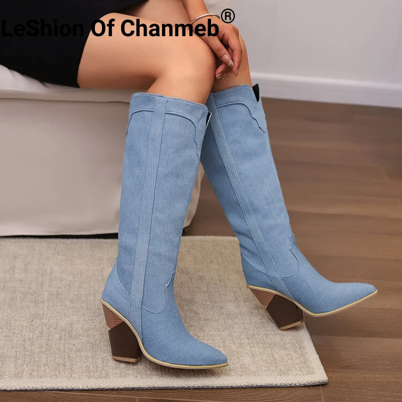 

Женские джинсовые сапоги на танкетке, с вырезами, в ковбойском стиле