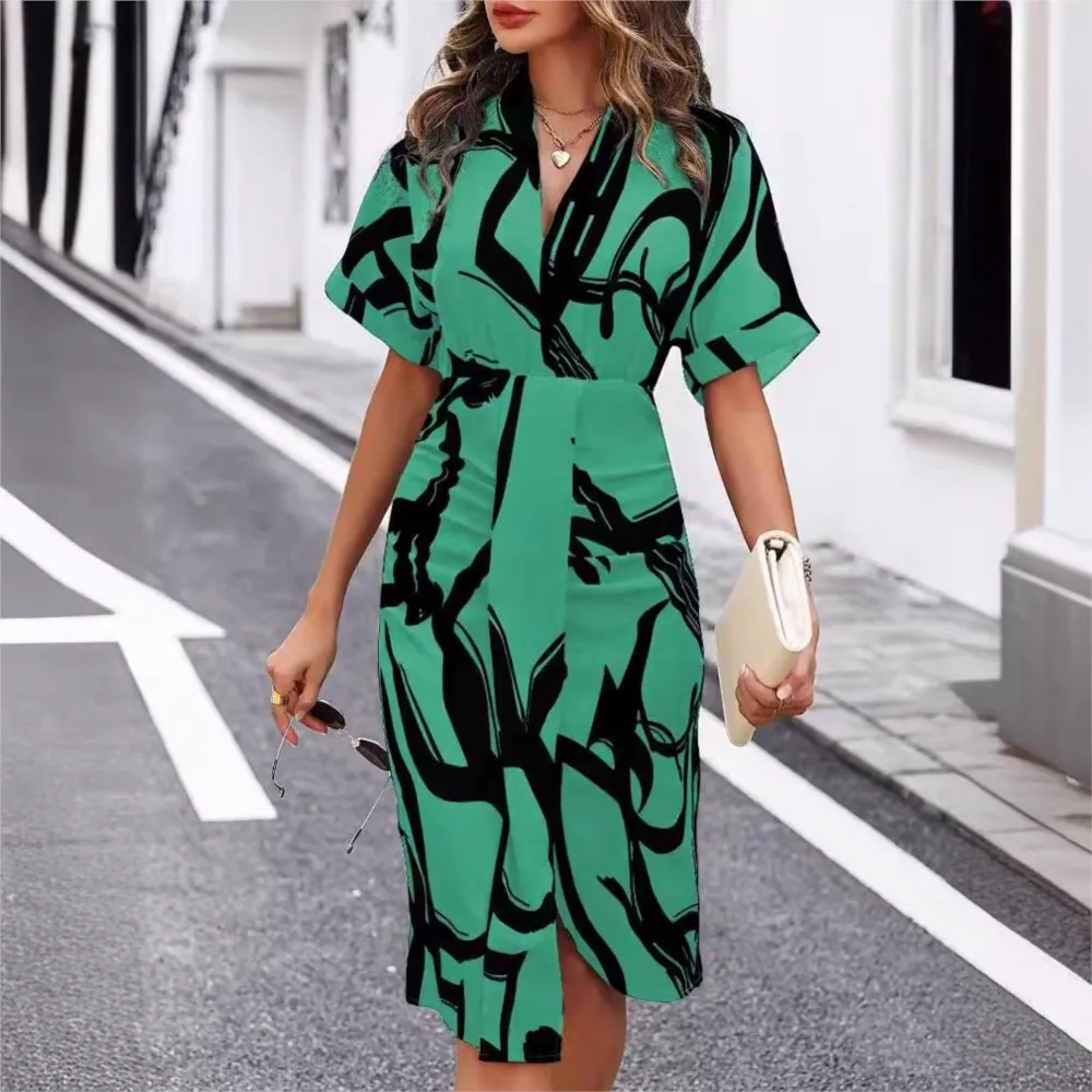 

Fashion Printed V Neck Short Sleeved Slim Fit Women's Dresses Summer New Irregular Hips Wrap Elegant Female Office Dress