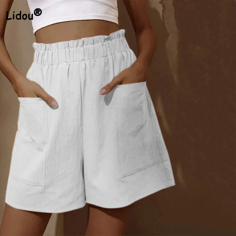 

Oversized Cotton Linen Solid Wide Leg Pants Elastic Pockets Splicing High Waist Summer Loose Casual White Shorts Women Clothing