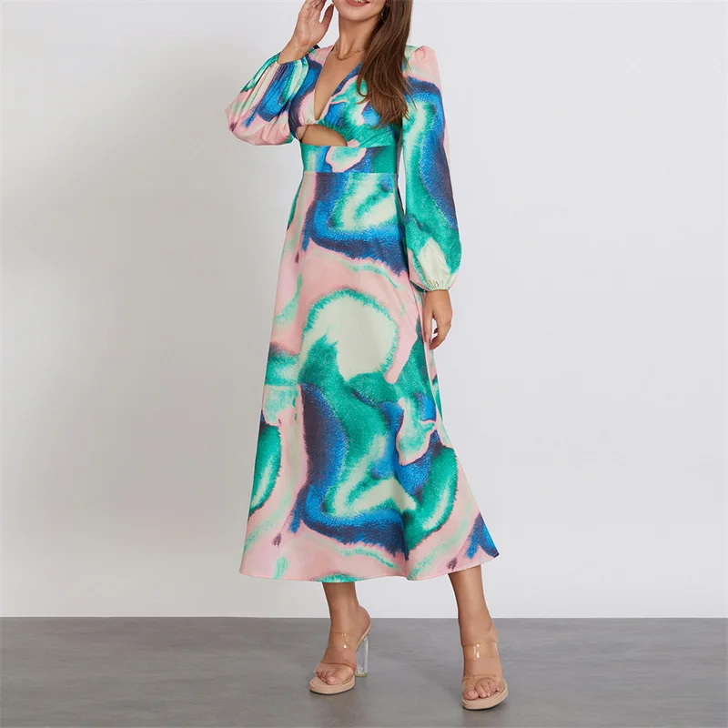 

Vintage Tie-dye Print Midi Dress for Women Long Sleeve V Neck Cutout High Waist A-line Dresses Beach Vacation Fall Clothes