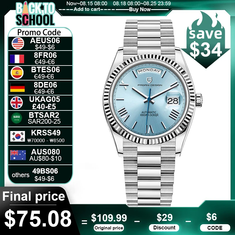 Men's Mechanical Watch Luxury Automatic AR Sapphire Glass ST16 Movt