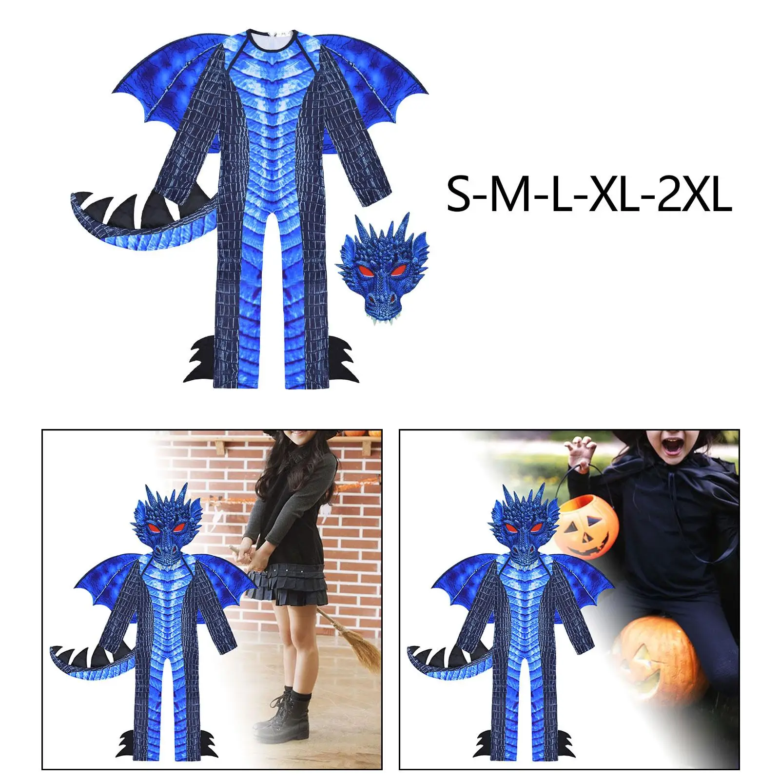 Kids Cosplay Costume Deadly Dragon Costume Role Play Halloween Imaginative Play Child Dragon Wing Tail Mask Set for Masquerade Carnivals Photo Props