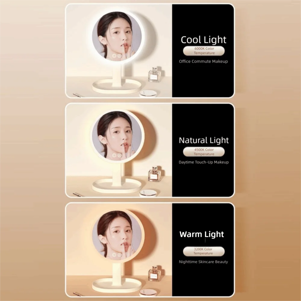 Removable Makeup Mirror with LED Light Tricolor Light Rotatable Daylight Vanity Mirror with Storage Base Touch Control