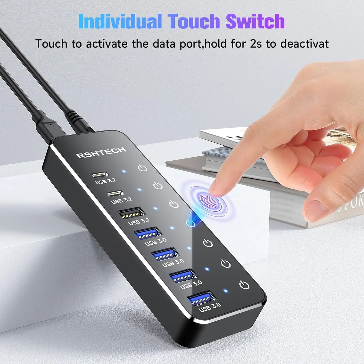 Rshtech 7 port powered usb c hub with 10gbps usb c 3 2 ports individual
