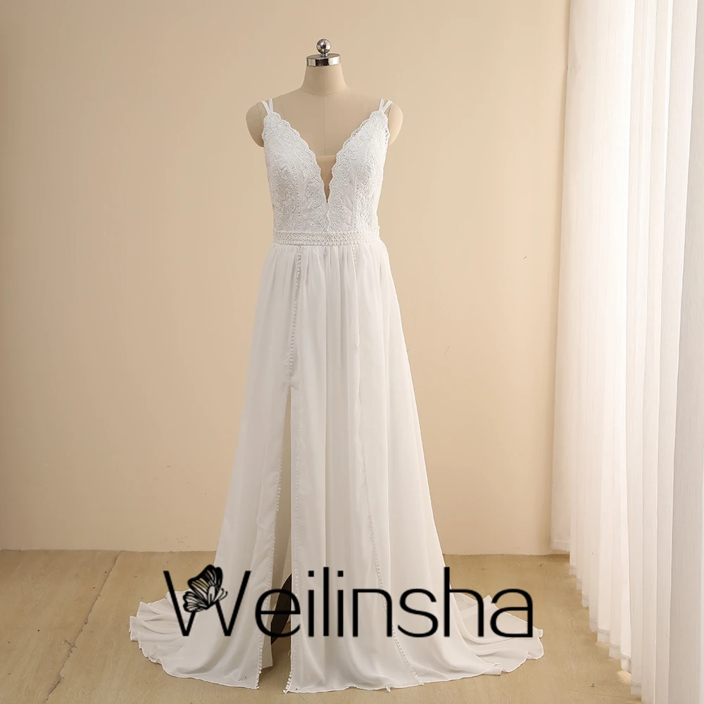 

Weilinsha High Slit Chiffon V Neck Spaghetti Straps Wedding Dresses for Marriage 2022 New Lace Court Trian Bridal Gowns Summer