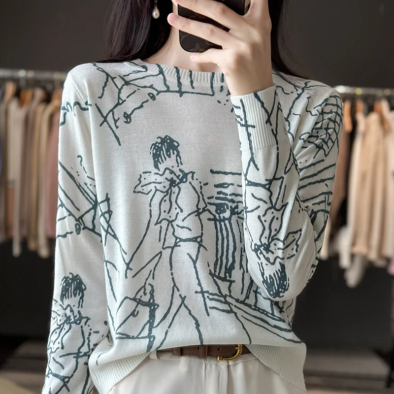 

Summer New Knitwear Women's Round Neck Pullover Long Sleeve Mulberry Silk Wool Loose Print Graffiti Style High Grade Knitted Top