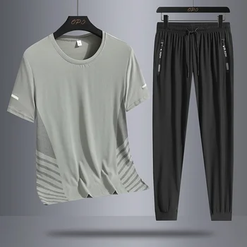 2025 Sports Set Men's Summer Thin Tracksuit Men Casual Long Pants Short Sleeve T-shirt Quick Drying Clothes Sets Clothes