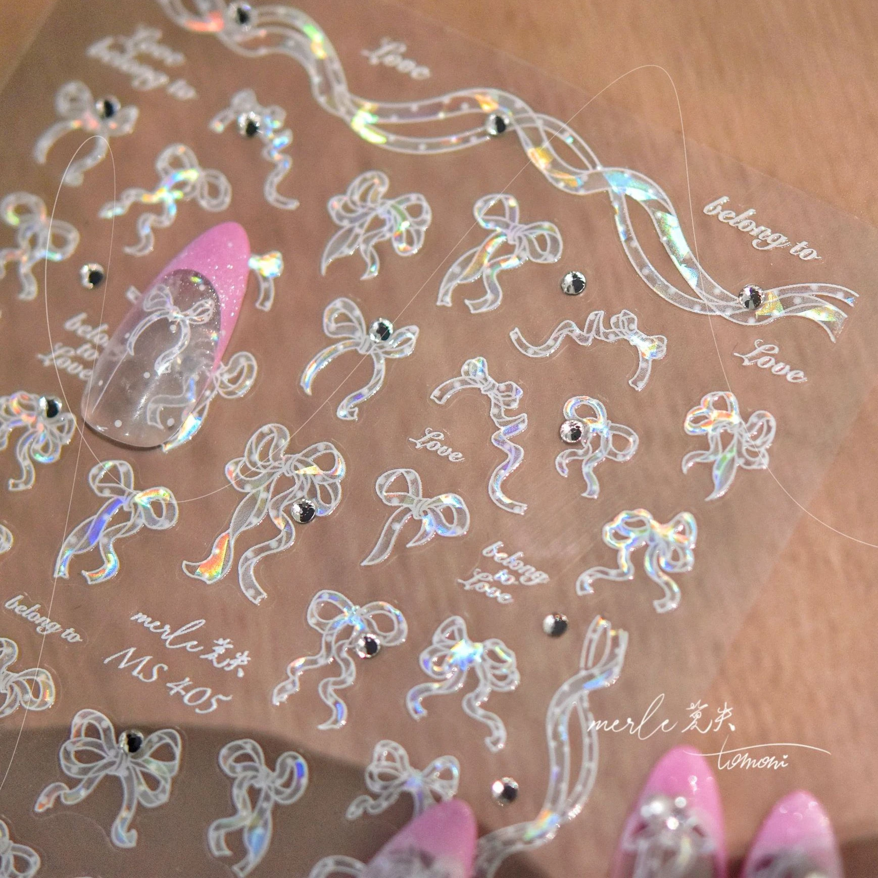 

Brilliant Colors Illusion Colorful Streamer Ribbon Bowknot Rhinestone 3D Self Adhesive Nail Art Stickers Lovely Manicure Decals