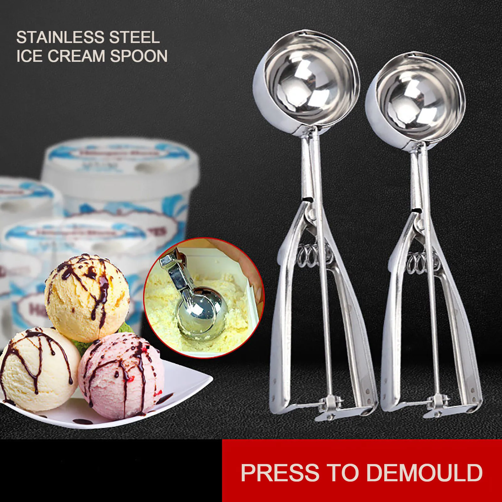 Ice Cream Scoop Stainless Steel Ice Cream Scoop Tool Cookie Spoon 3 Size Watermelon Ball Handle Mash Potato Tools Home Kitchen Accessories 3PCS