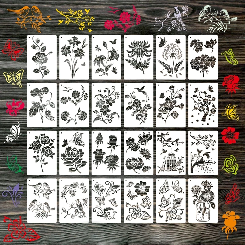 

24 шт., шаблоны с цветами и птицами, трафареты для художественного рисования для DIY, скрапбукинга, настенного искусства
