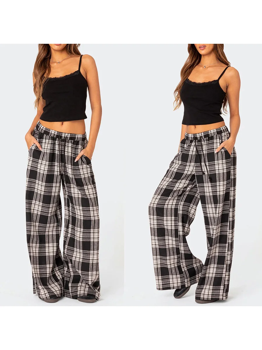 hot selling Combhasaki Women Y2K Vintage Casual Long Trousers Plaid Print Elastic Low Waist Loose Wide Leg Lounging Pan with_voghion.com