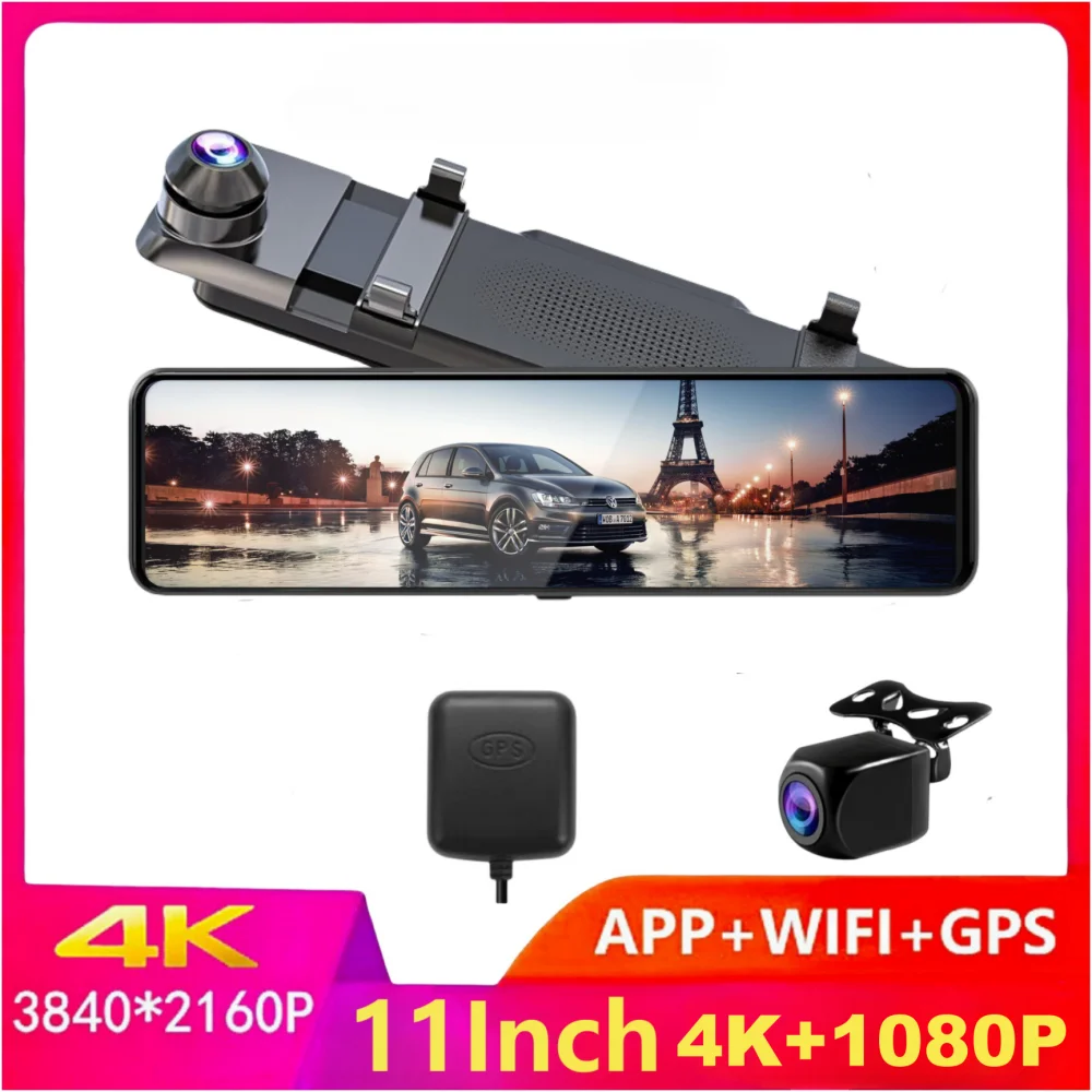 차량용 DVR 비디오 녹음기 주차 모니터 대시 캠, 와이파이 GPS,  IMX415 백미러, 11 인치, 3840x2160P, 4K, 1..