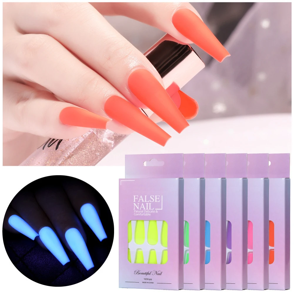 

24pcs Luminous French False Nail Art Nail Tips Press Stick on Full Cover Artificial Wearable Nails Tips
