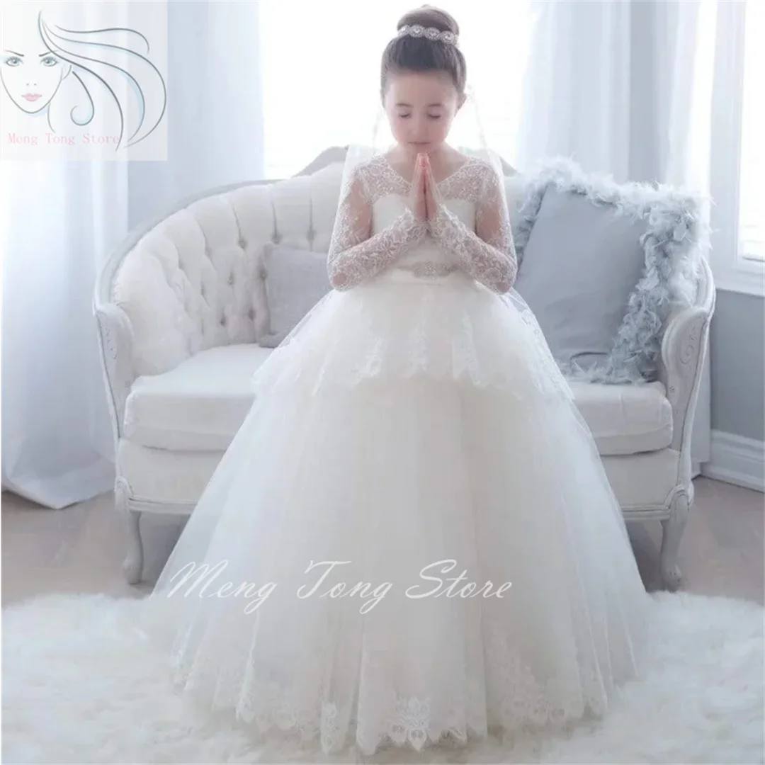 

Flower Girl Dresses White Puffy Lace Appliques With Bow Long Sleeve For Wedding Birthday Party First Communion Gowns