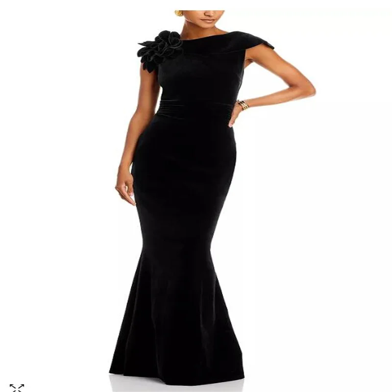

Velour Dresses For Prom Elegant Black Evening Dresses Long Trumpet Evening Dress For Women Formaal Floor Length With Flowers