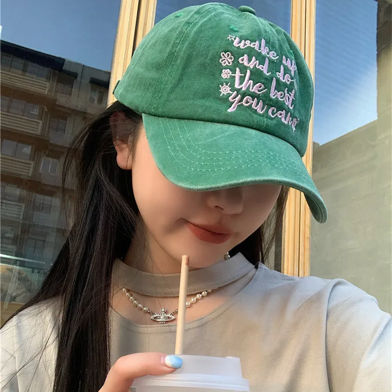 여성용 씻어 면화 야구 모자 자수 편지 Snapback Peaked Hat For Lady Girl JK 한국어 Y2K 야외 선 바이저 모자