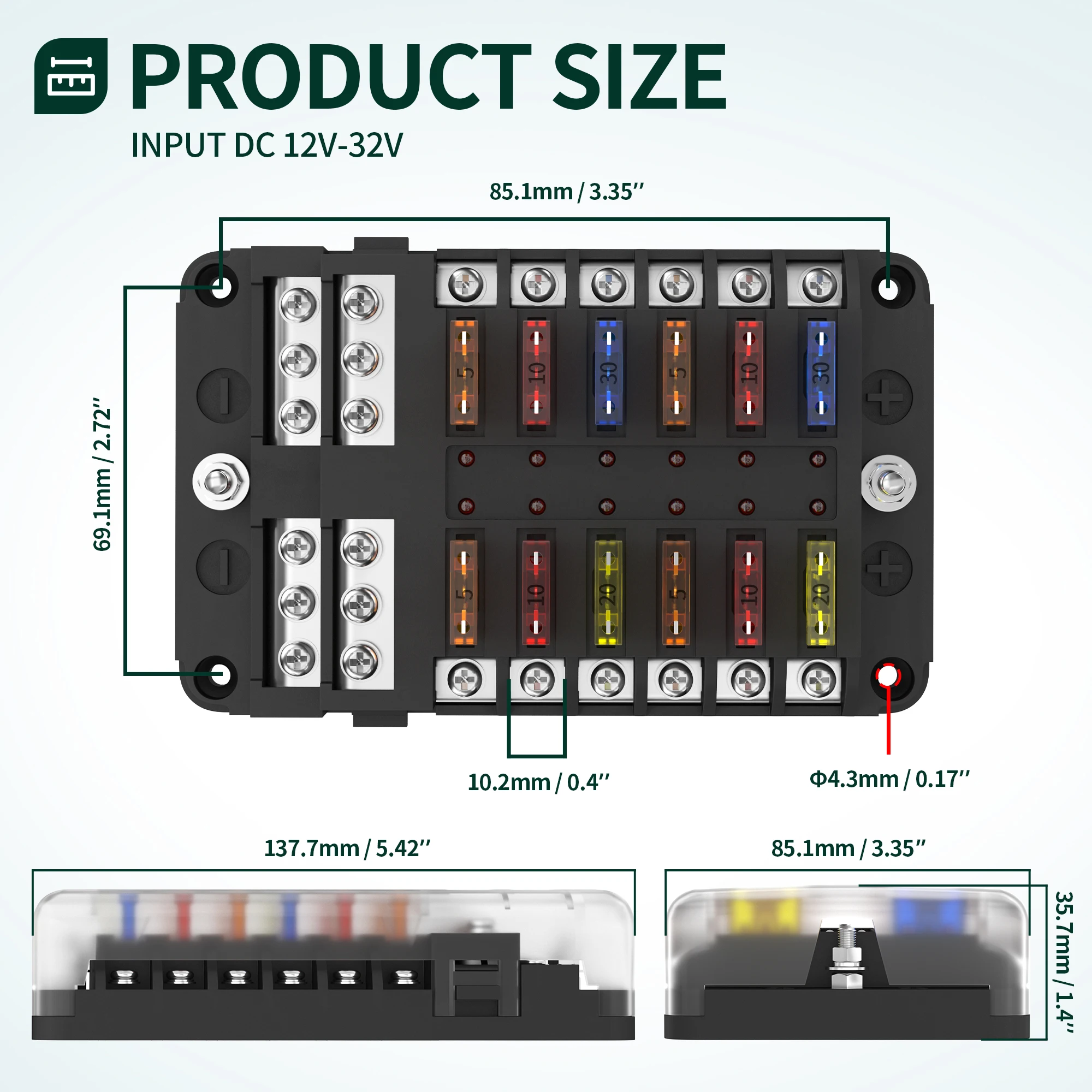 DaierTek 6 12 Way Fuse Block 12 Volt Blade Fuse Block with LED Indicator Circuit Box 12V ATO/ATC Marine Panel for Car