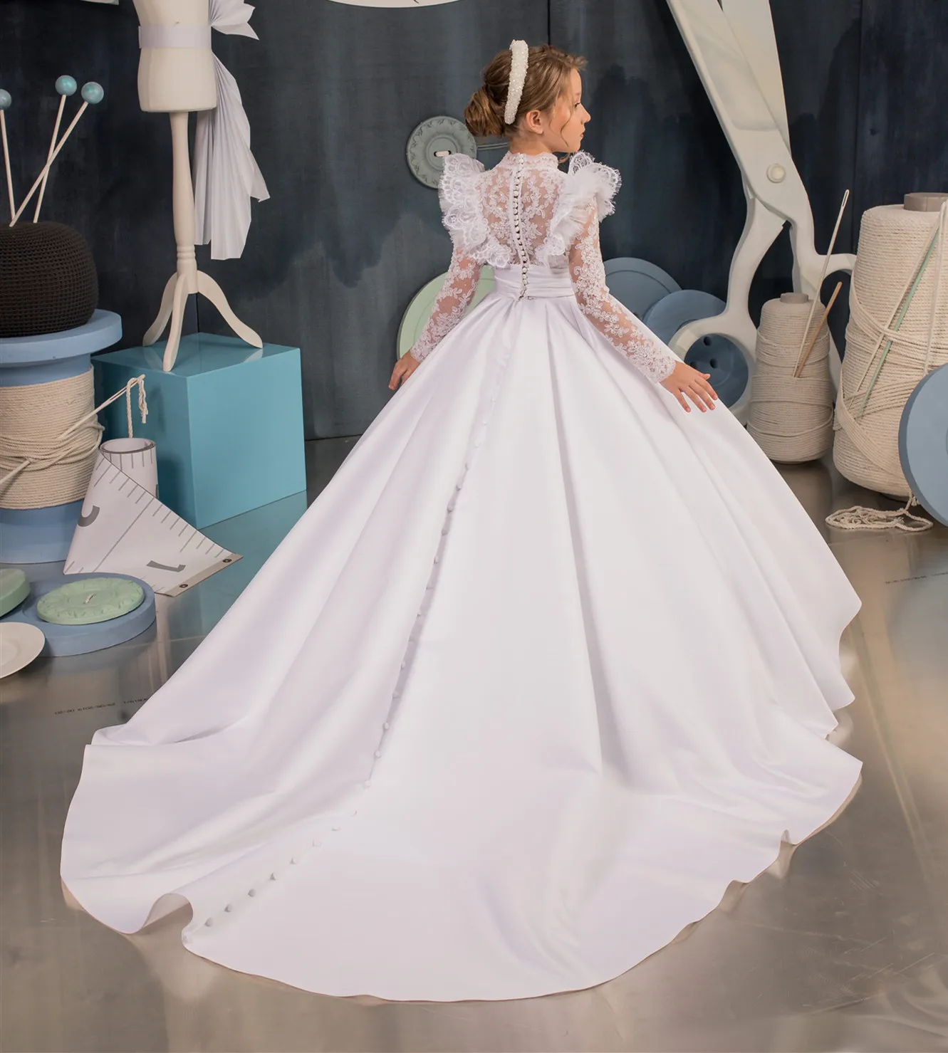 Long sleeve white ivory flower girl dress high neck for wedding guest kids bridesmaid dress lace satin first communion