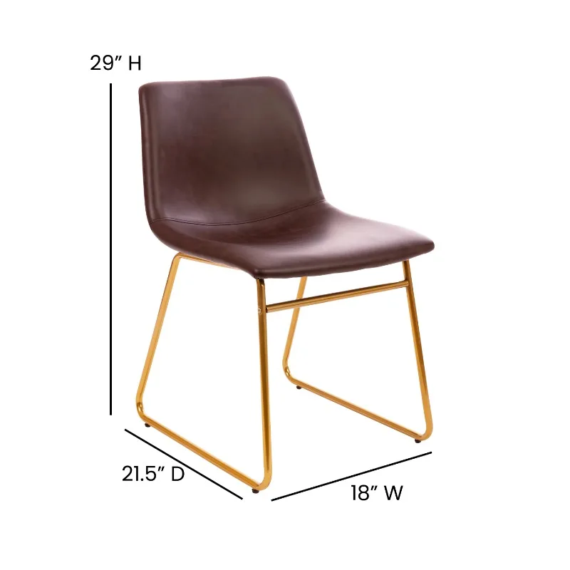 18 inch Dining Table Height Chair, Mid-Back Sled Base Dining Chair in Dark Brown LeatherSoft with Gold Frame, Set of 2 5