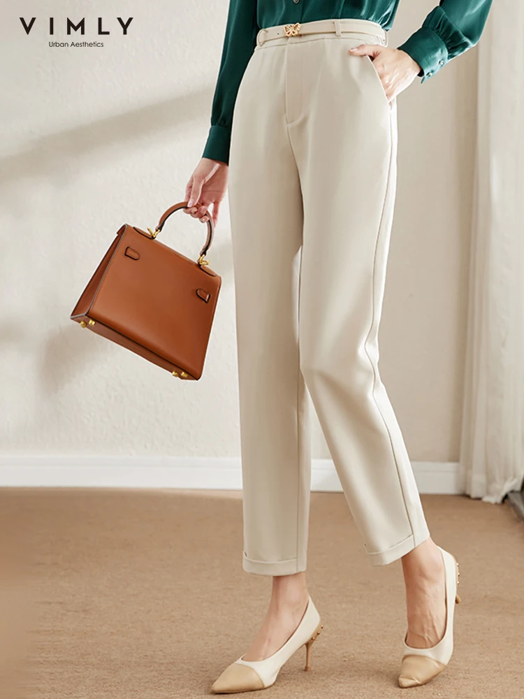 Vimly Office Ladies Ankle-Length Dress Pants for Women 2023 Spring Korean Fashion Elegant Suit Pants with Leather Clothes V7671 2023 new spring women s suits slim business high waist two buttons lapel professional office ladies blazer with slit ankle pants