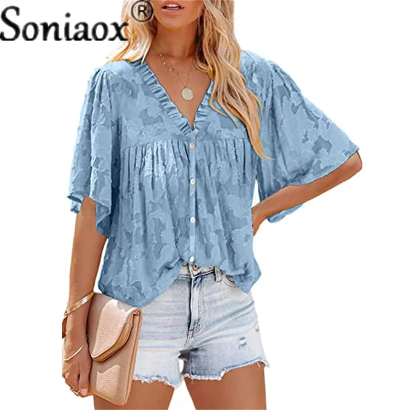 

2022 Summer New Print Chiffon Shirt Trumpet Sleeve Ruffle Collar Lace Hollow Button Blouse Ladies Casual Loose Street Shirt Tops