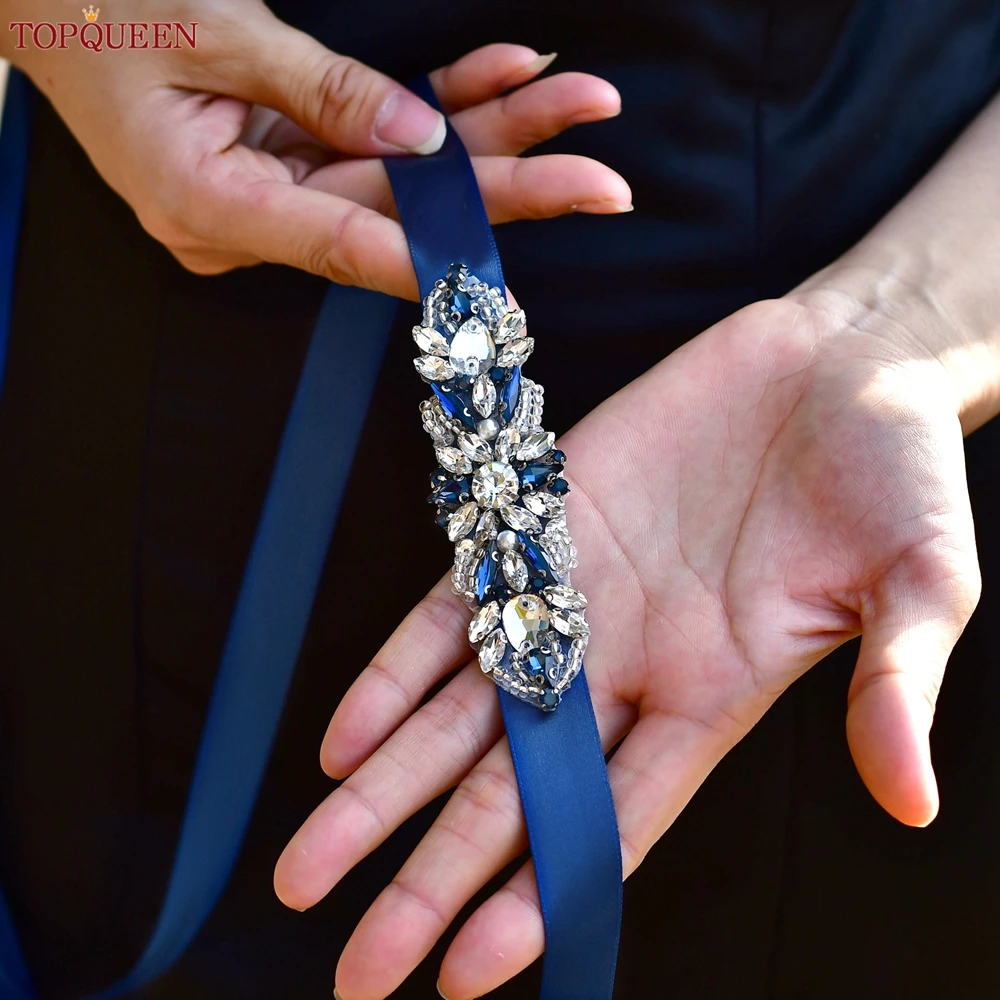 TOPQUEEN Fashion Formal Dress Belt Navy Blue Jewelry Applique