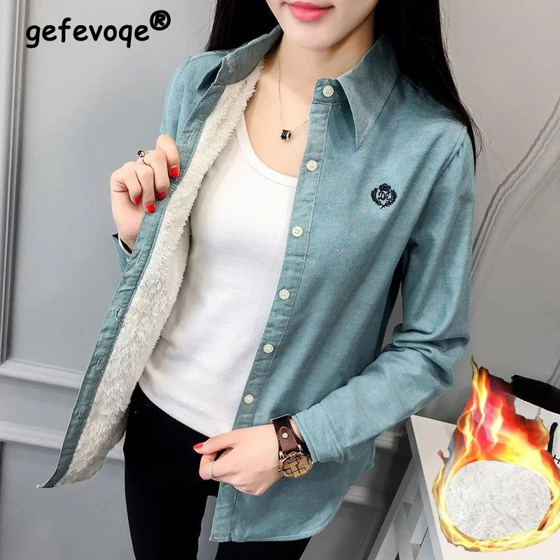 

Autumn Winter Turn Down Collar Plus Velvet Warm Shirt Ladies Long Sleeve Buttons Solid All-match Thick Blouse Women's Clothing