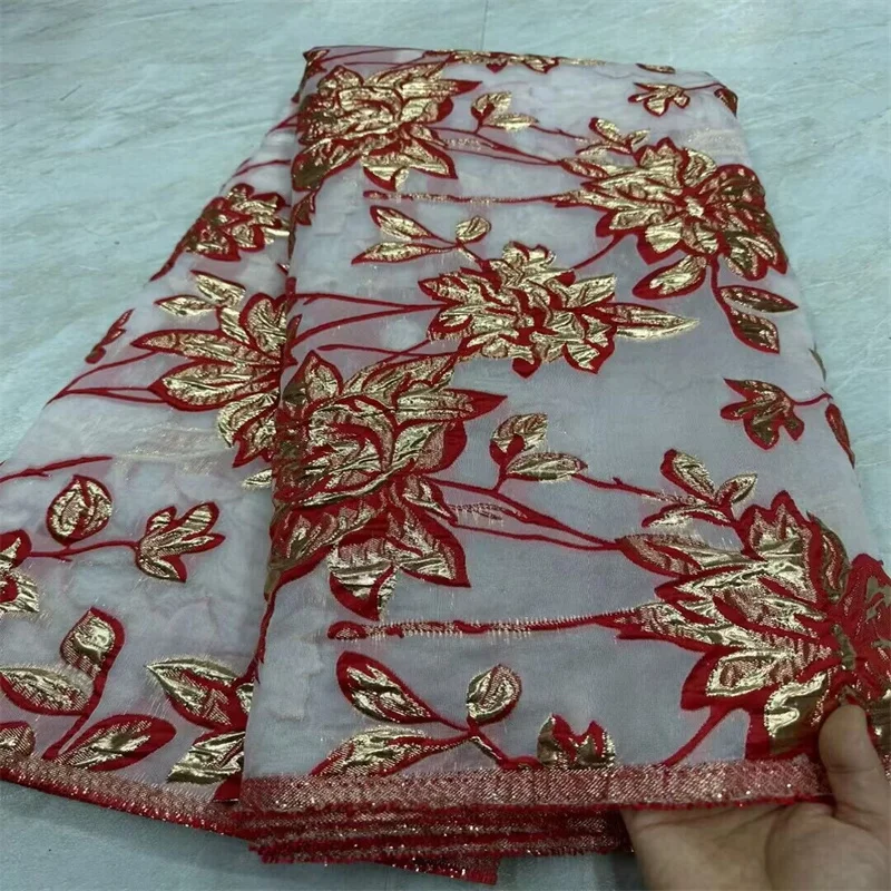 

Red High Quality Brocade Jacquard Fabric Nigerian Floral Damask Cloth Flower Organza Tulle Net Lace Material For Bride Dress