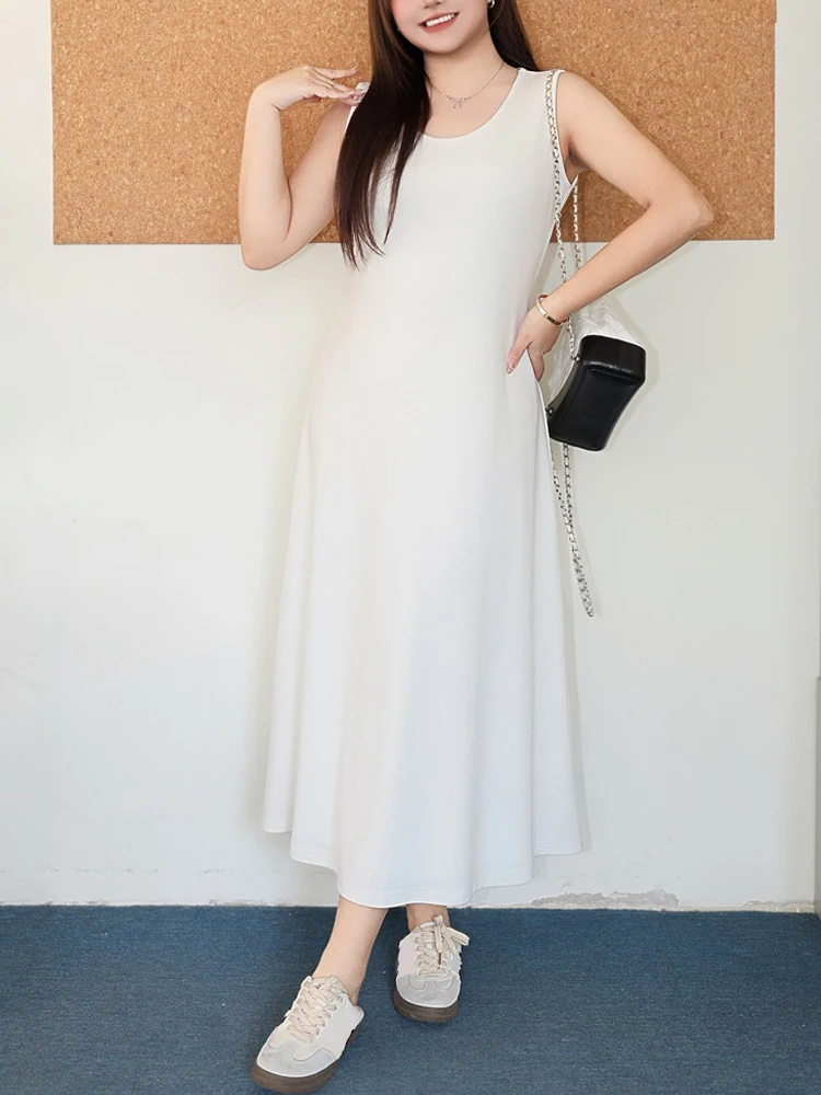 Cloud White Knit U-collar Slim Waist A-line Tank Dress Plus Size 2025 Autumn Casual Premium Sleeveless Women Sundress