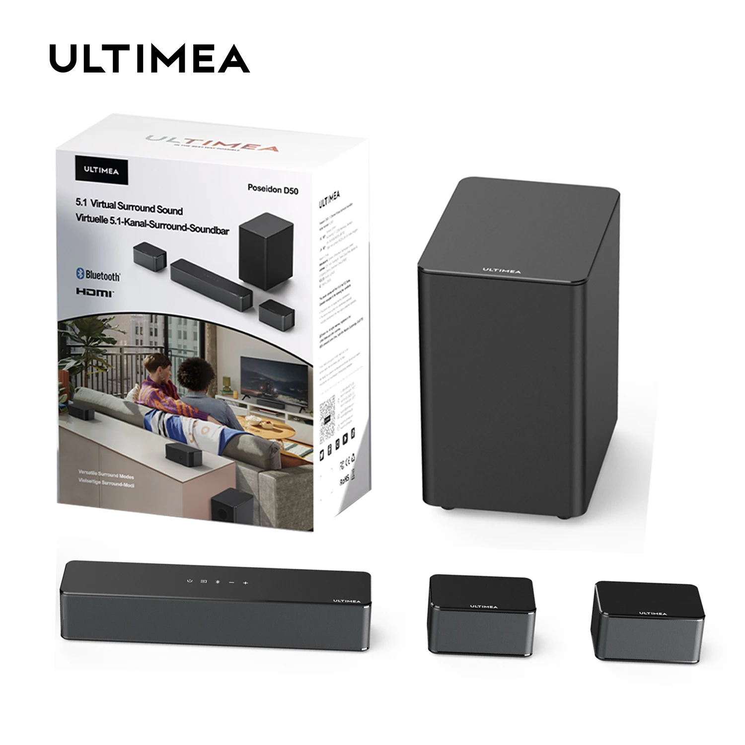 Ultimea Poseidon D50 - Soundbar Surround 5.1, Sistema Audio Surround 3D, Soundbar Per Televisori Con Subwoofer E Altoparlanti Posteriori, Altoparlanti