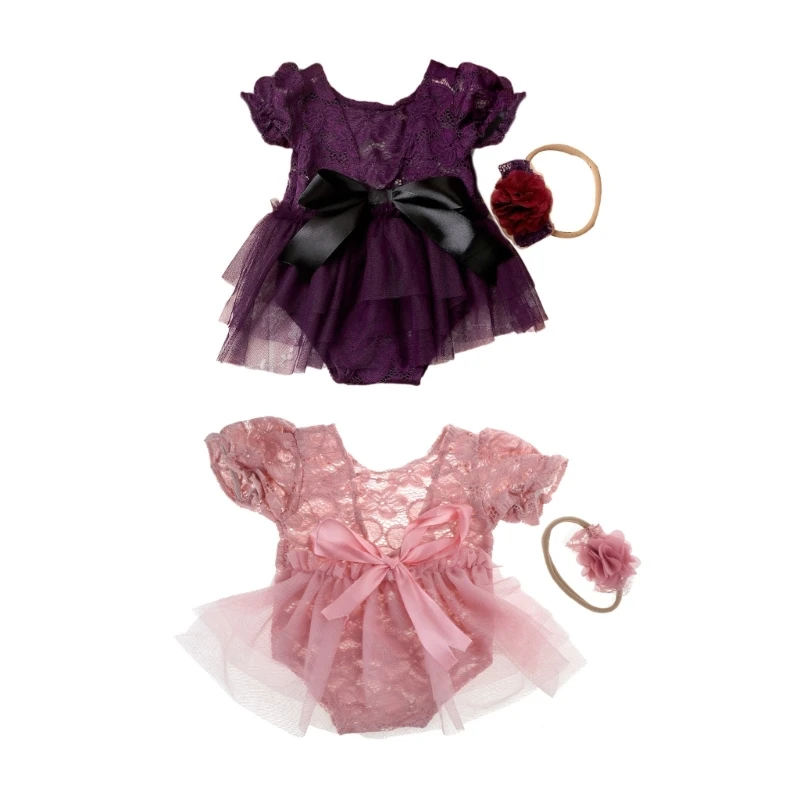 

F62D 2pieces Baby Photography Props Lace Dress Flower Headband Photoshooting Outfit