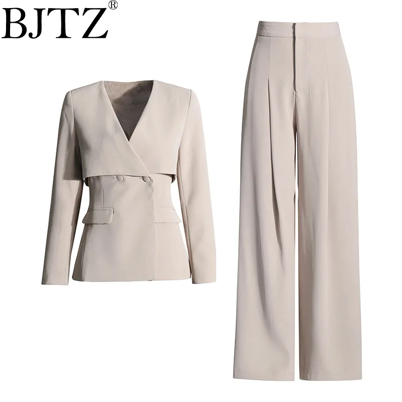 

BJTZ Temperament Casual 2-piece Sets For 2024 New V-neck Waist Slimming Suit+high Waist Pleated Wide Leg Pants Set For Women