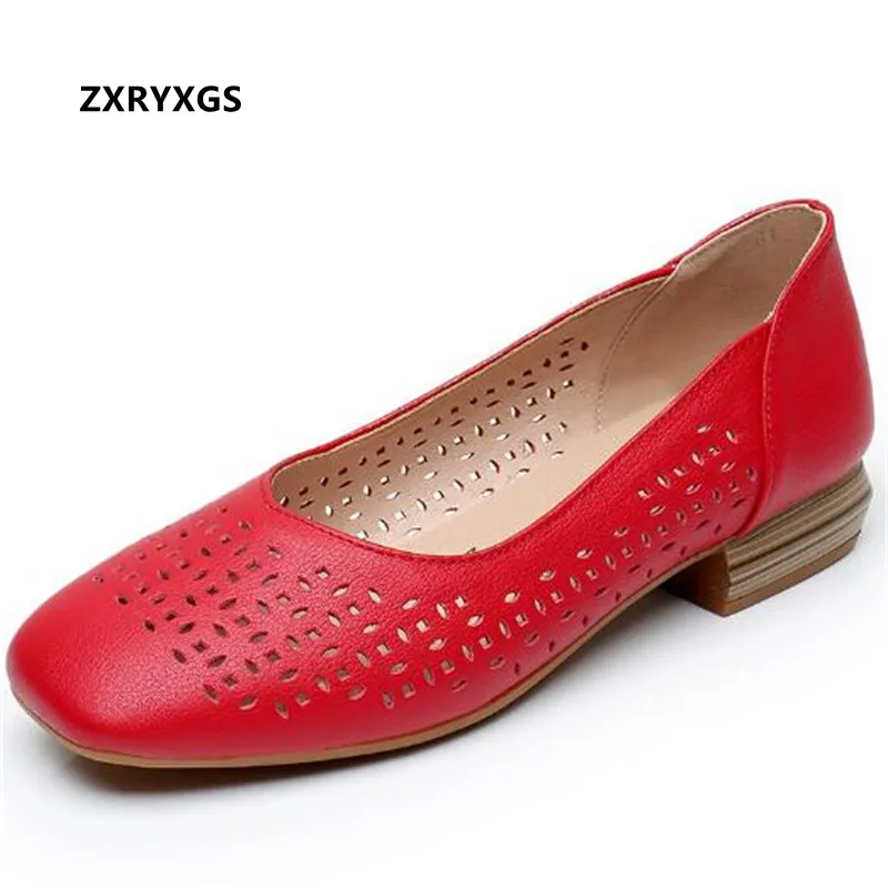 

2022 New Spring Summer High Quality Cowhide Shoes Breathable Hole Sandals Shallow Mouth Comfort Plus Size Women Flats Tide Shoes