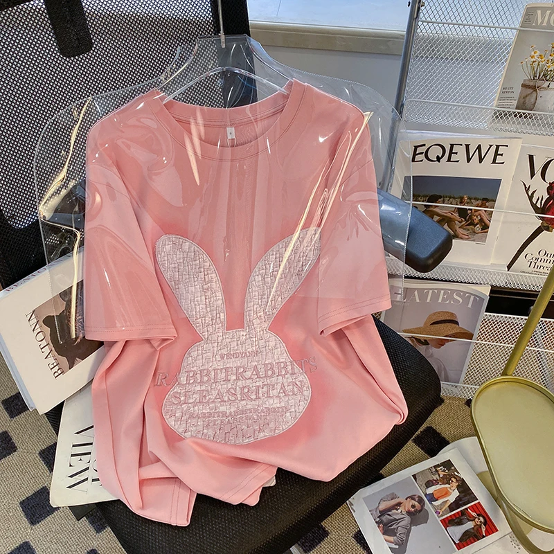 

Дизайнерская нишевая розовая футболка с вышивкой Sense, женский летний Повседневный Свободный Топ из чистого хлопка с короткими рукавами, новинка 2024