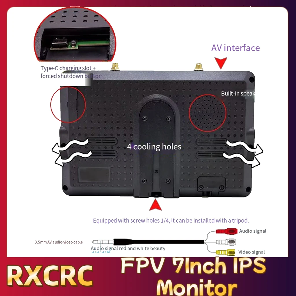 RXCRC 7-tolline FPV monitor 1024x600 IPS akuga – uuendatud versioon