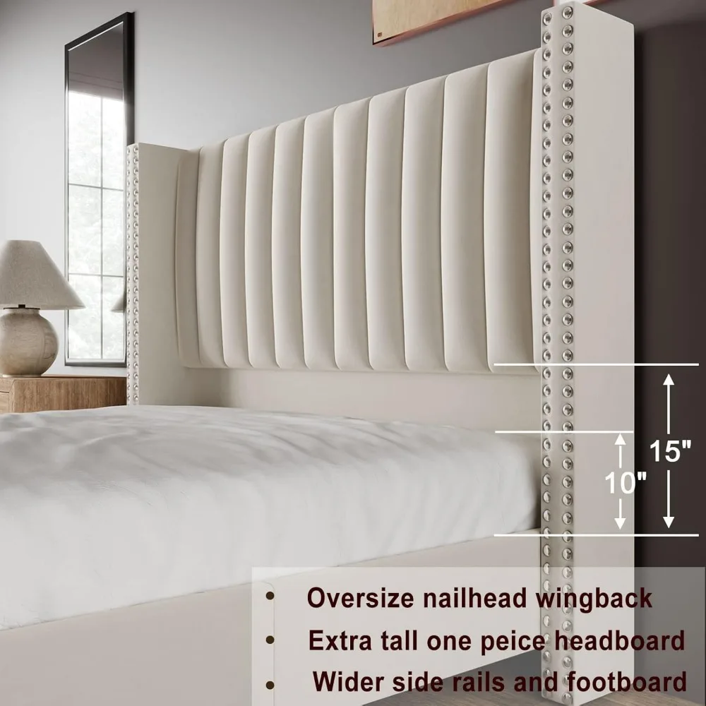 Queen Size Bed Frame Upholstered Platform Bed with Tall Headboard Wingback,Velvet,No Box Spring Needed,Easy Assembly 5