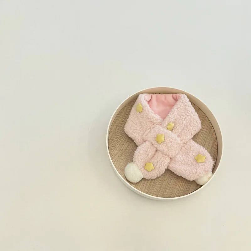 1-6years Children's Scarf Autumn and Winter Korean Version Ins Simple Labeling Star Plush Cross Boys and Girls Baby Scarfs
