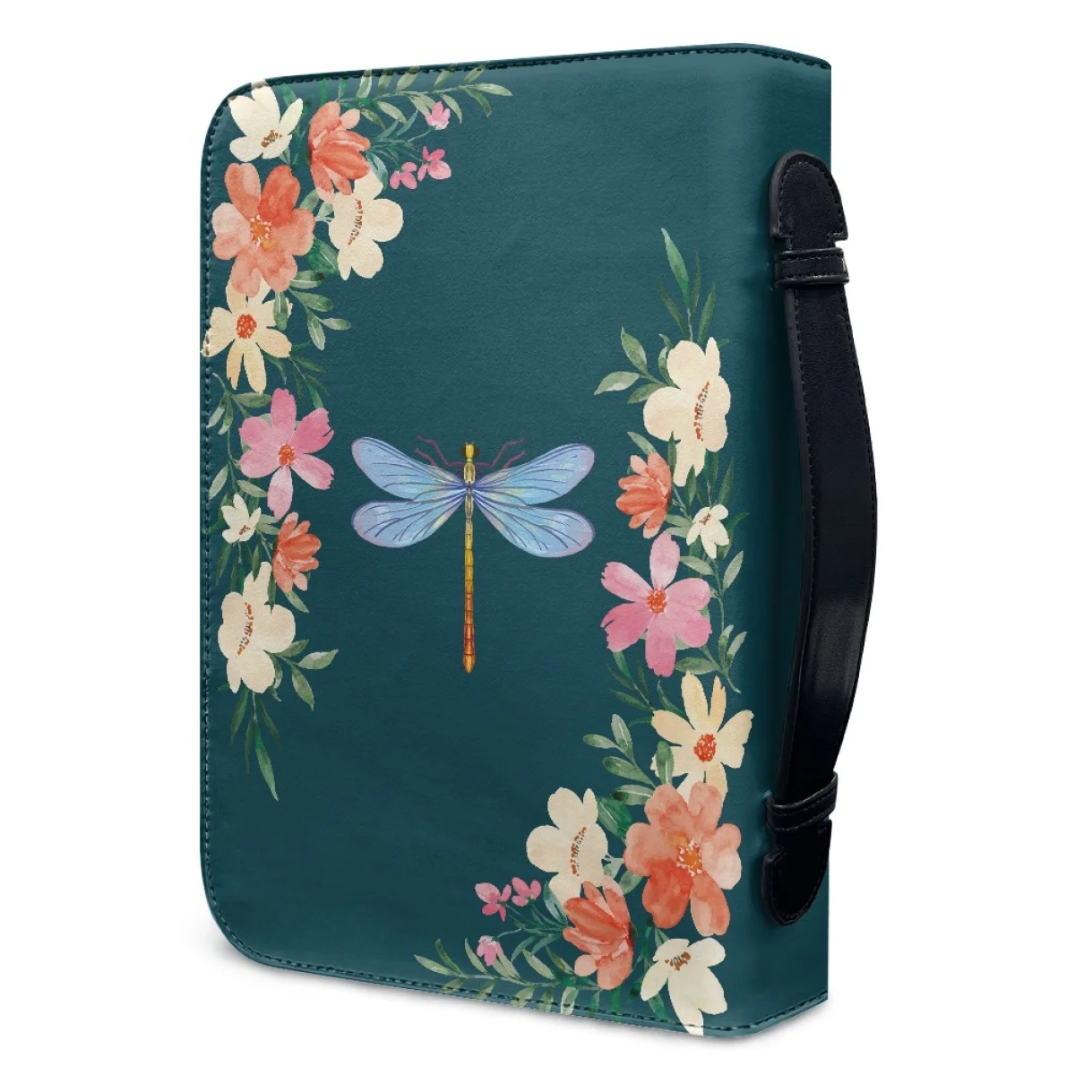 FORUDESIGNS Bible Cover Handles Floral Dragonfly Design Bible Carrying Case Pockets Utility Leather Case Organizer Fits Women