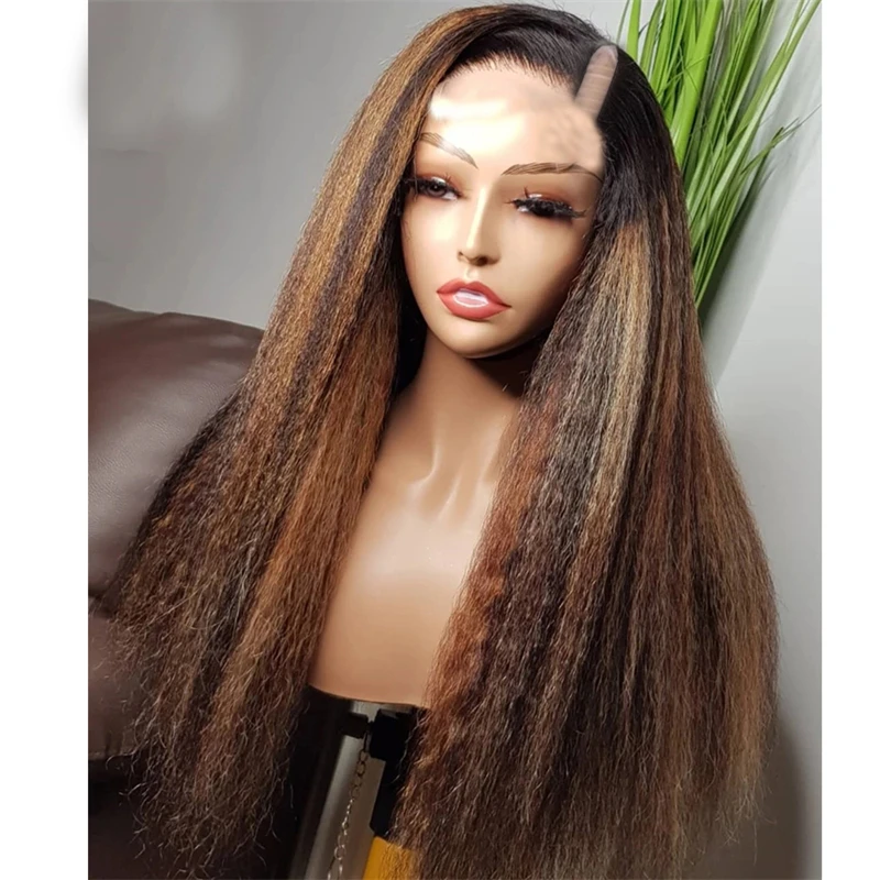 

Natural Ombre Brown 24 inch Long 180 Density Kinky Straight U Part Wig European Remy Human Hair Jewish Wig For Black Women