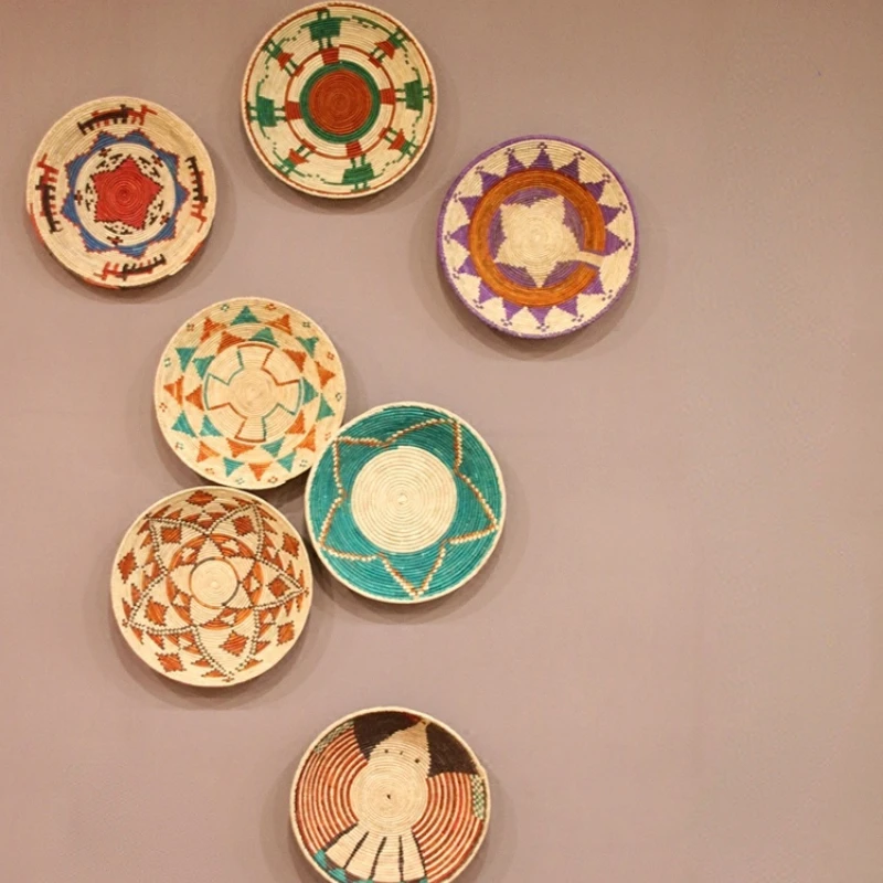 

Personalized Hand-made Straw Plate Rattan Wall Hanging Decoration Creative Fruit Storage Basket Background Wall Deco Dishes