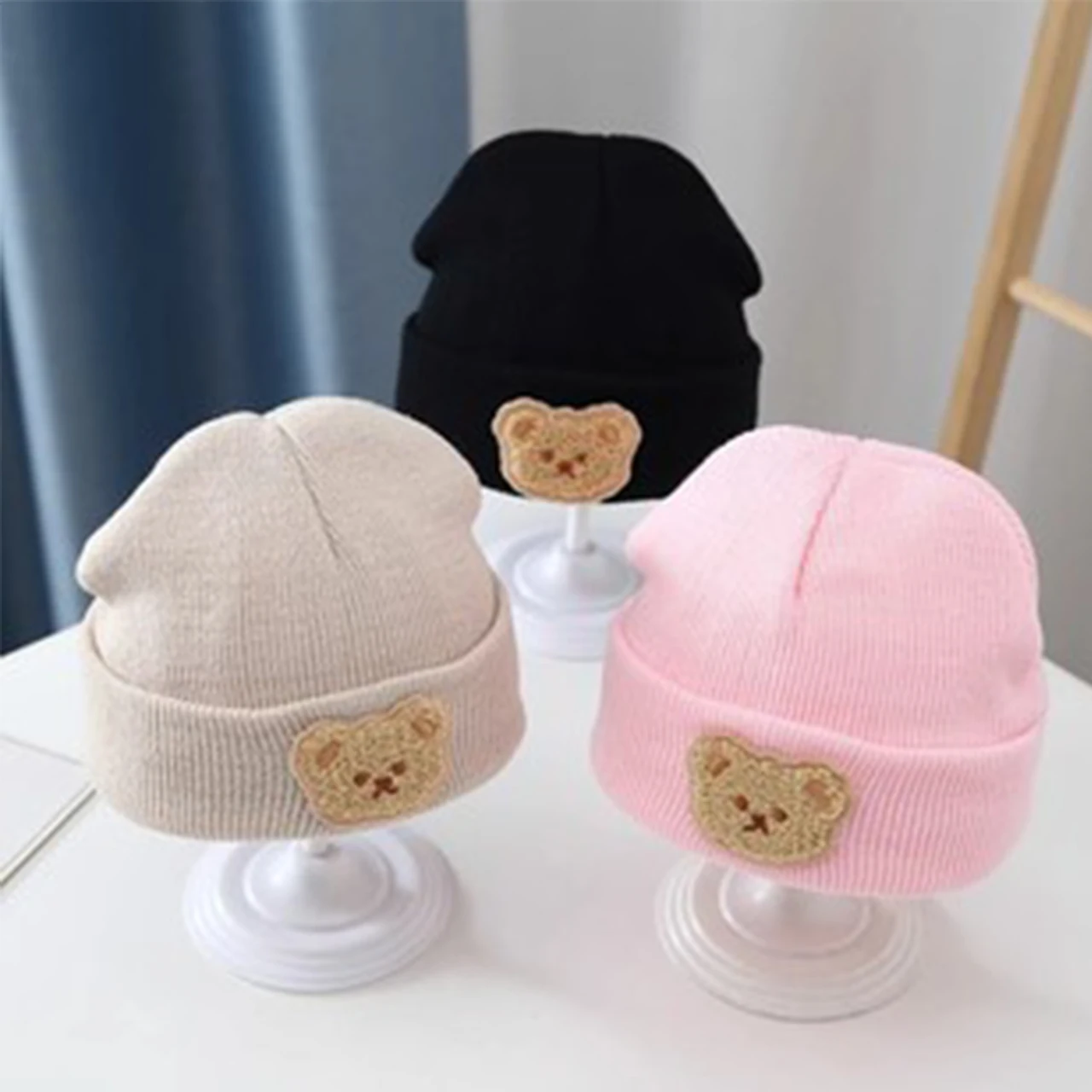 Korean Baby Autumn Winter Hat Cute Bear Knitted Warm Newborn Cap Infant Beanie Solid Color Baby Girl Boy Soft Crochet Hats baby hat knit hat