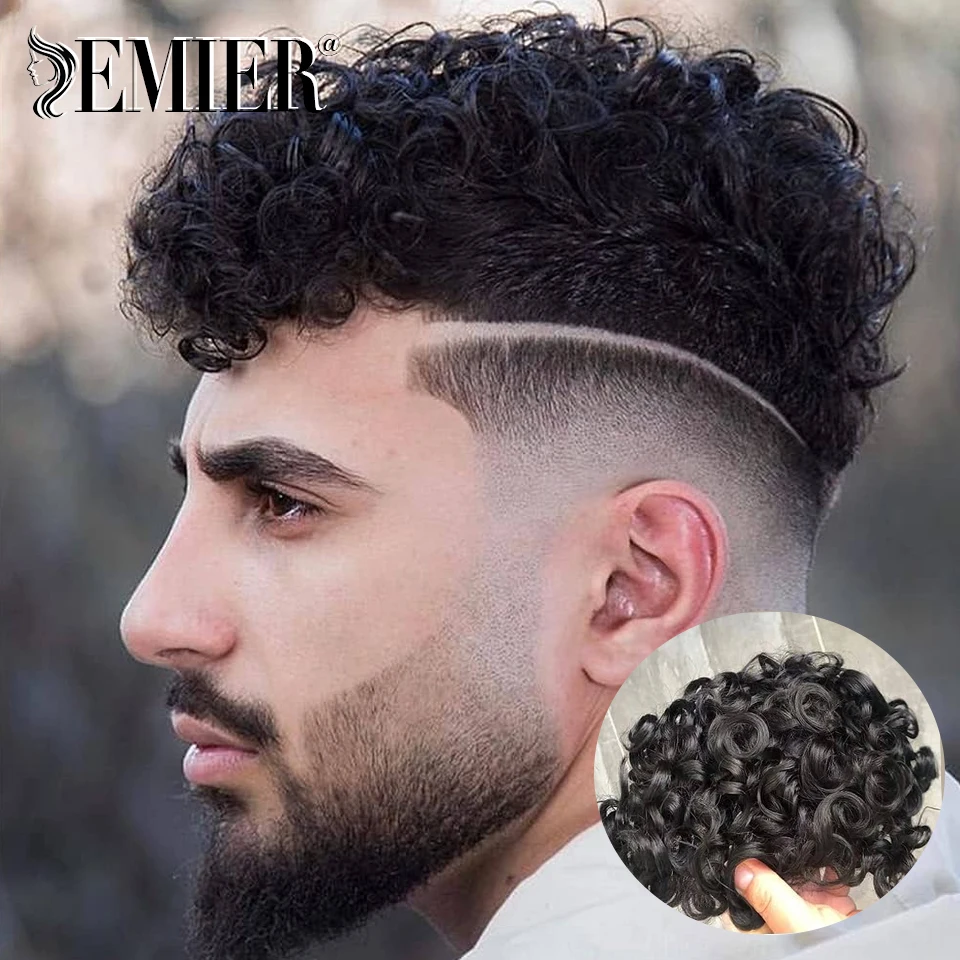 

20mm Curl French Lace & PU Toupee For Men Natural Color Indian Human Hair Replacement System Wavy Hair Prostheses Men Wig