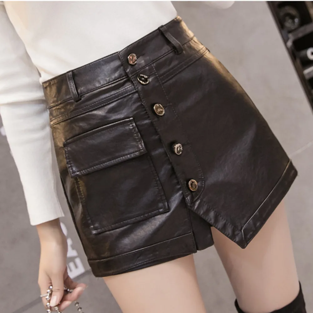 

2023 Fashion Hip A-line PU Black Large Size Leather Skirts Women's Clothing High Waist Irregular Single-breasted Skirts