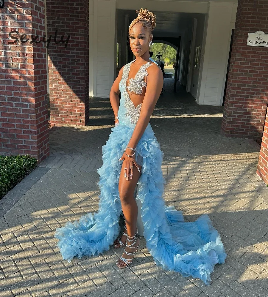 Glamorous Blue Prom Dress High Slit Mermaid Black Evening Gowns Ruffles Crystal | eBay Glamorous Blue Prom Dress High Slit Mermaid Black Evening Gowns Ruffles Crystal | eBay