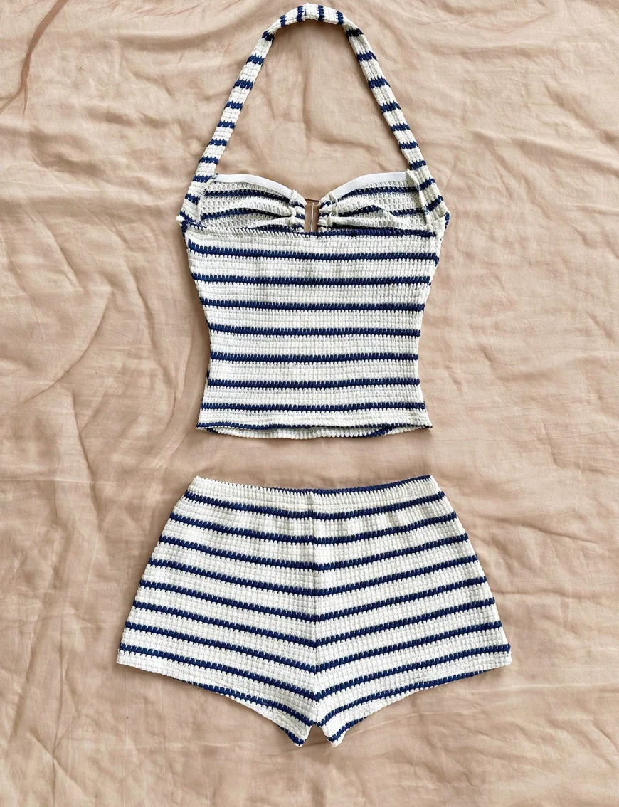 Women's Striped Knit Halter Neck Two-Piece Set, Summer Sleeveless Short Top and High-Waisted Shorts Beach Vacation Set 2